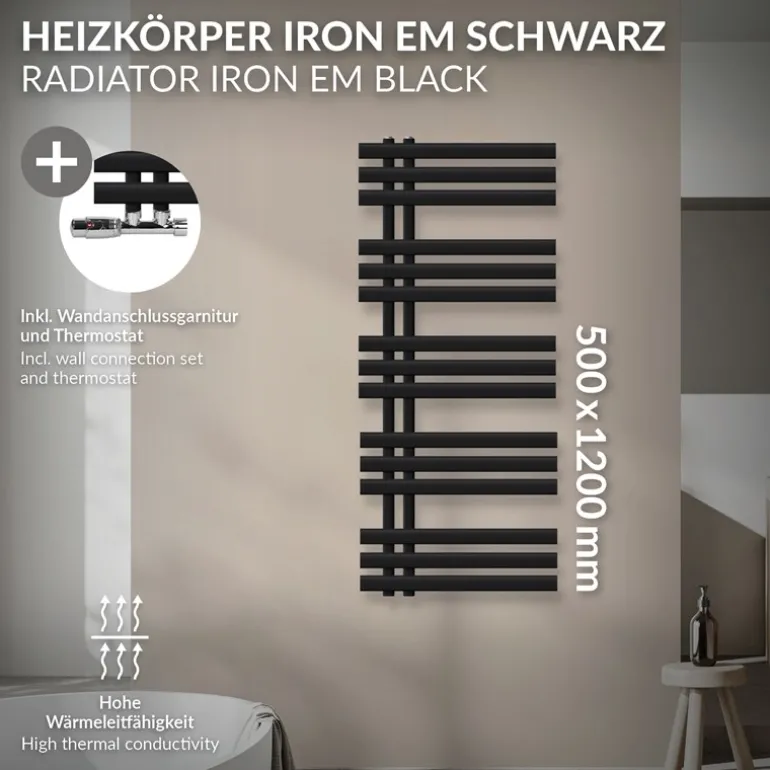 Badheizkörper Mittelanschluss 500x1200 mm Schwarz matt mit Wand Thermostatventil LuxeBath