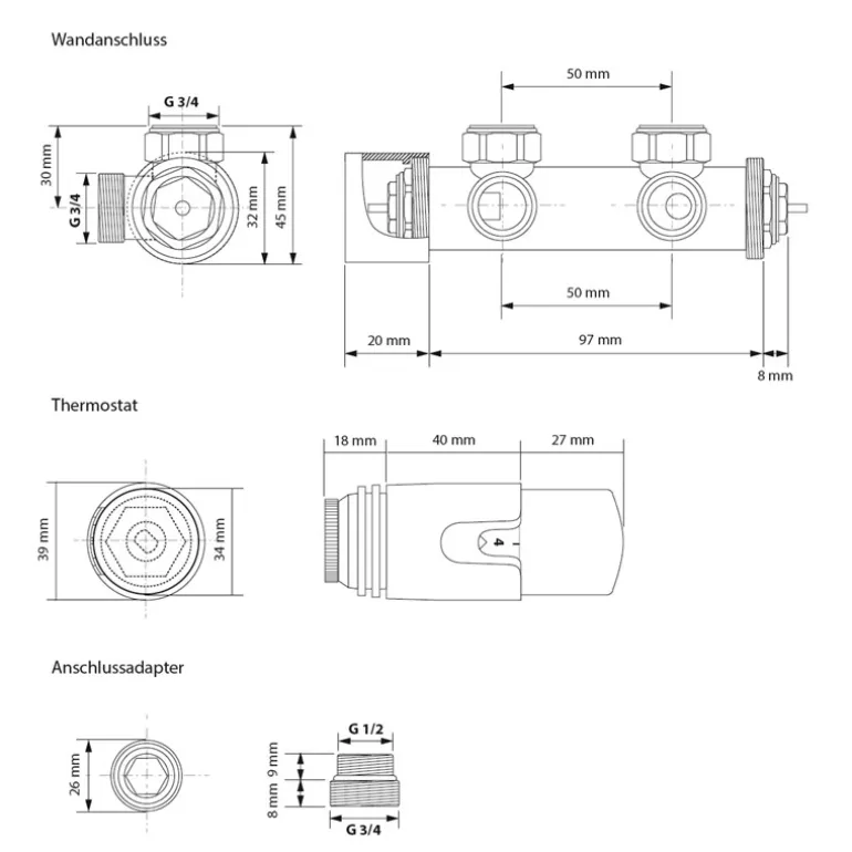 Badheizkörper Mittelanschluss 500x1200 mm Weiß gebogen mit Wand Anschlussgarnitur LuxeBath