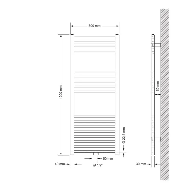Badheizkörper Mittelanschluss 500x1200 mm Weiß gerade mit Wand Anschlussgarnitur LuxeBath