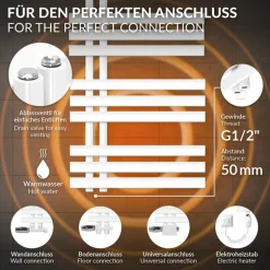 Badheizkörper Mittelanschluss 500x1200 mm Weiß mit Boden Anschlussgarnitur LuxeBath
