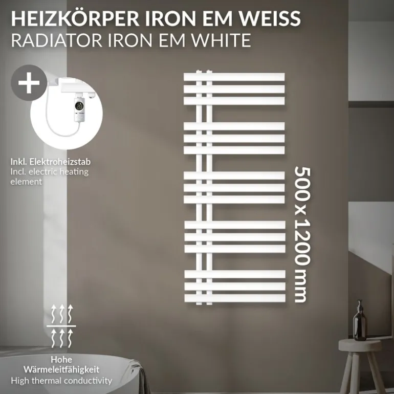 Badheizkörper Mittelanschluss 500x1200 mm Weiß mit Heizstab 1200W LuxeBath
