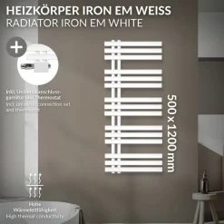 Badheizkörper Mittelanschluss 500x1200 mm Weiß mit Universal Thermostatventil LuxeBath
