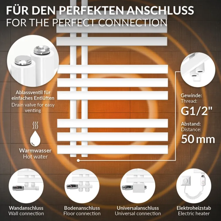 Badheizkörper Mittelanschluss 500x1200 mm Weiß mit Universal Thermostatventil LuxeBath