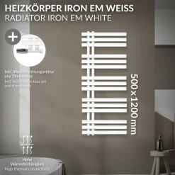 Badheizkörper Mittelanschluss 500x1200 mm Weiß mit Wand Anschlussgarnitur LuxeBath