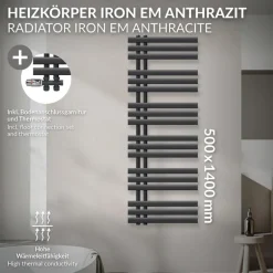 Badheizkörper Mittelanschluss 500x1400 mm Anthrazit mit Boden Anschlussgarnitur LuxeBath