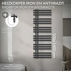 Badheizkörper Mittelanschluss 500x1400 mm Anthrazit mit Heizstab 1200W LuxeBath
