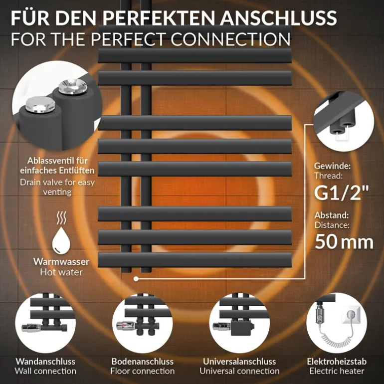 Badheizkörper Mittelanschluss 500x1400 mm Anthrazit mit Heizstab 1200W LuxeBath
