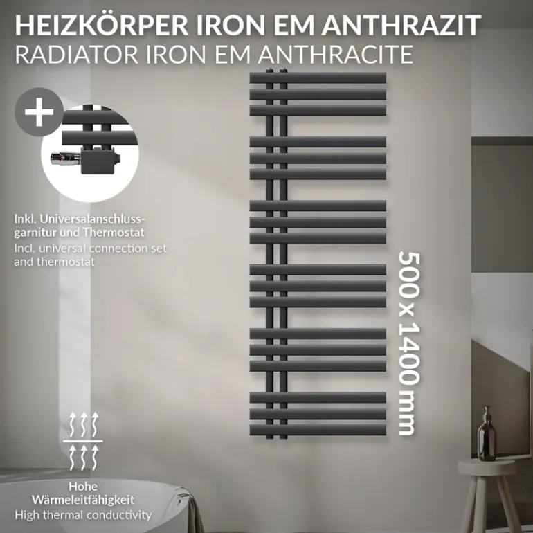 Badheizkörper Mittelanschluss 500x1400 mm Anthrazit mit Universale Anschlussgarnitur LuxeBath
