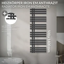 Badheizkörper Mittelanschluss 500x1400 mm Anthrazit mit Wand Anschlussgarnitur LuxeBath