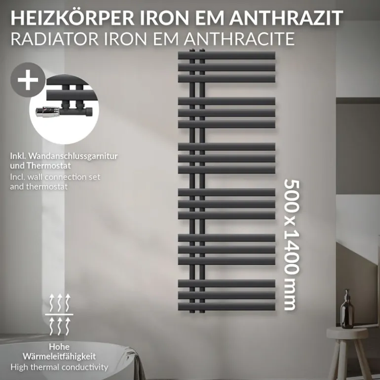 Badheizkörper Mittelanschluss 500x1400 mm Anthrazit mit Wand Anschlussgarnitur LuxeBath
