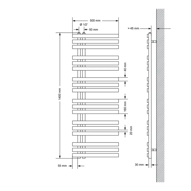 Badheizkörper Mittelanschluss 500x1400 mm Weiß mit Boden Anschlussgarnitur LuxeBath