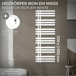 Badheizkörper Mittelanschluss 500x1400 mm Weiß mit Heizstab 1200W LuxeBath