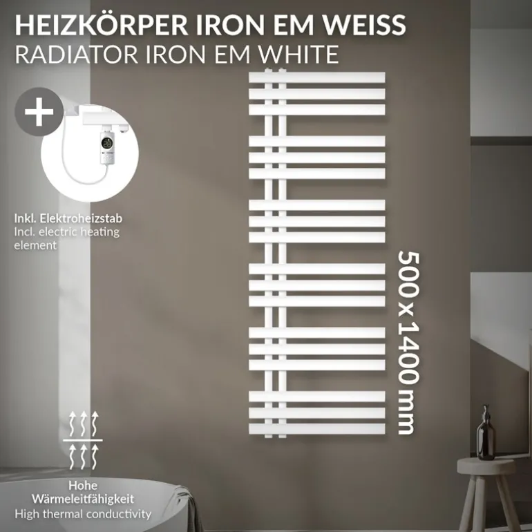 Badheizkörper Mittelanschluss 500x1400 mm Weiß mit Heizstab 1200W LuxeBath