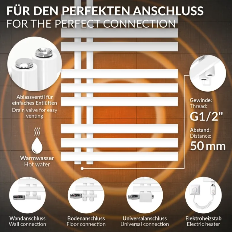 Badheizkörper Mittelanschluss 500x1400 mm Weiß mit Universale Anschlussgarnitur LuxeBath