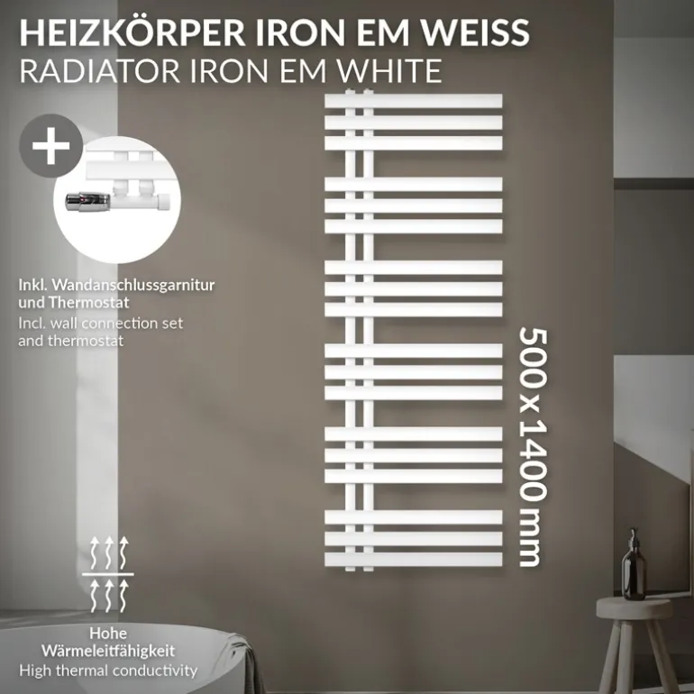Badheizkörper Mittelanschluss 500x1400 mm Weiß mit Wand Anschlussgarnitur LuxeBath