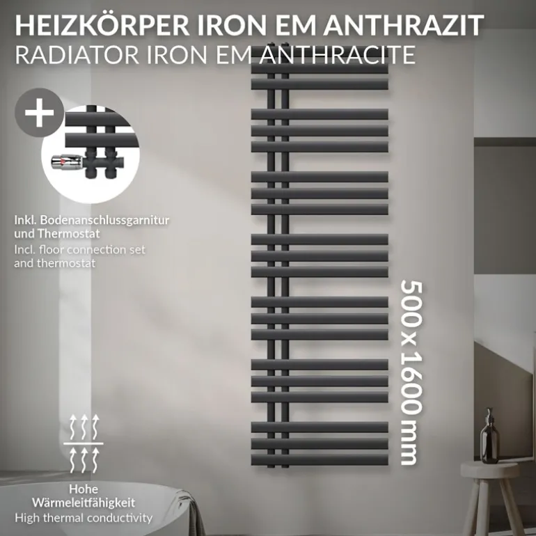 Badheizkörper Mittelanschluss 500x1600 mm Anthrazit mit Boden Anschlussgarnitur LuxeBath