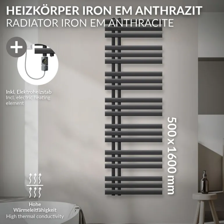 Badheizkörper Mittelanschluss 500x1600 mm Anthrazit mit Heizstab 1200W LuxeBath