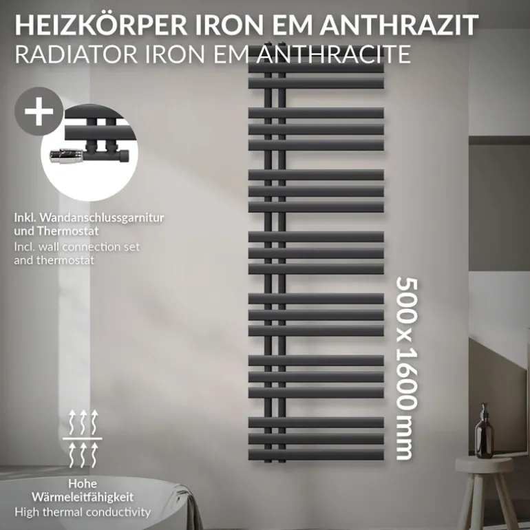 Badheizkörper Mittelanschluss 500x1600 mm Anthrazit mit Wand Anschlussgarnitur LuxeBath