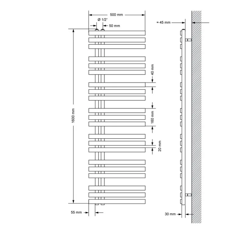 Badheizkörper Mittelanschluss 500x1600 mm Weiß mit Boden Anschlussgarnitur LuxeBath