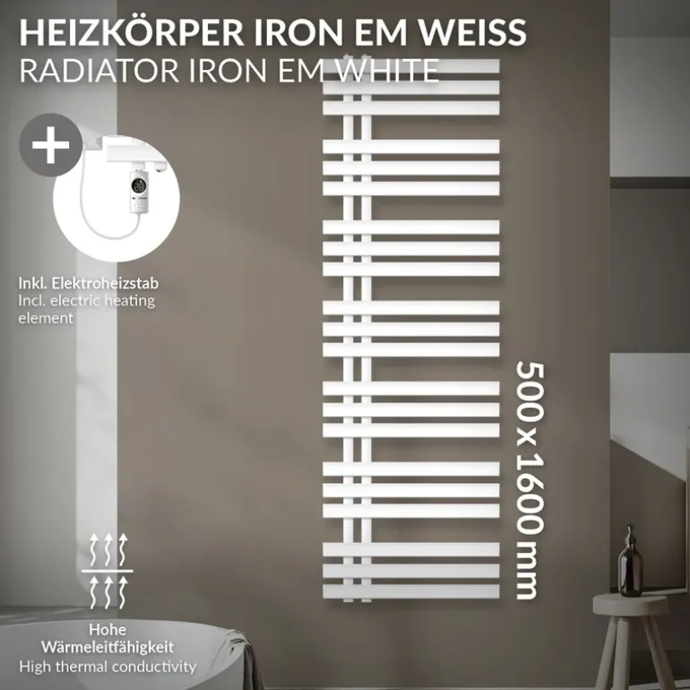 Badheizkörper Mittelanschluss 500x1600 mm Weiß mit Heizstab 1200W LuxeBath