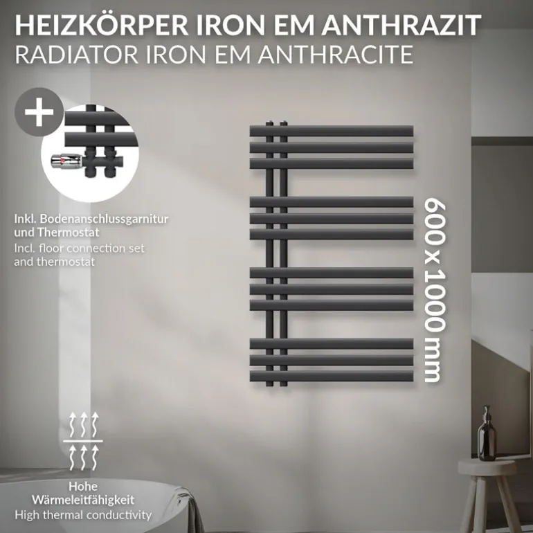 Badheizkörper Mittelanschluss 600x1000 mm Anthrazit mit Boden Anschlussgarnitur LuxeBath