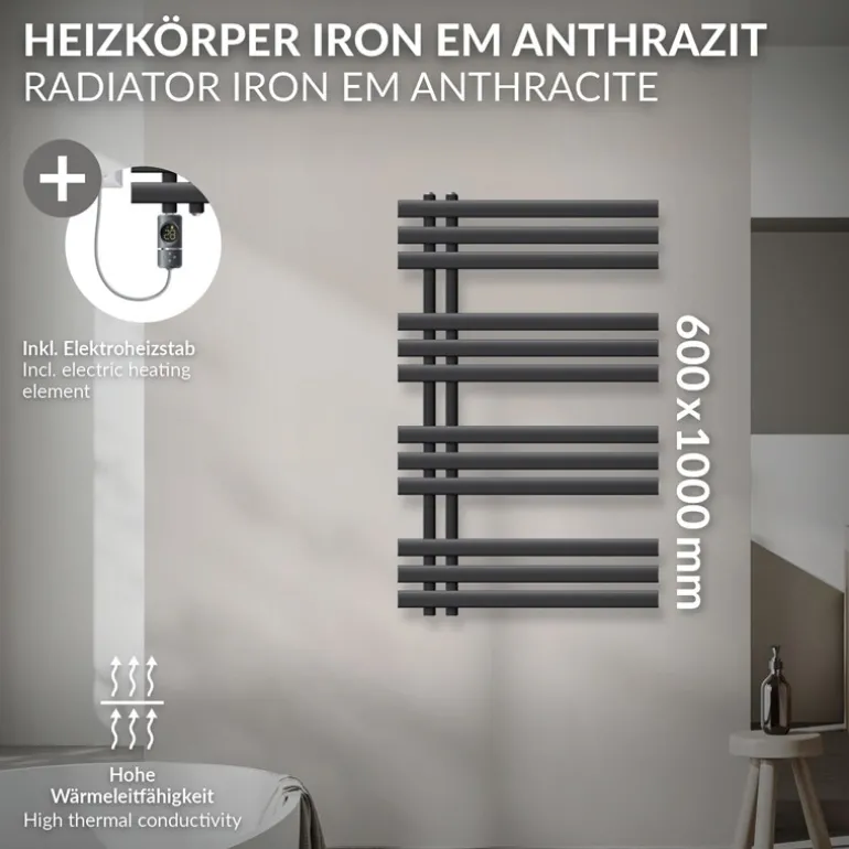 Badheizkörper Mittelanschluss 600x1000 mm Anthrazit mit Heizstab 300W LuxeBath