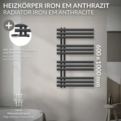 Badheizkörper Mittelanschluss 600x1000 mm Anthrazit mit Wand Anschlussgarnitur LuxeBath