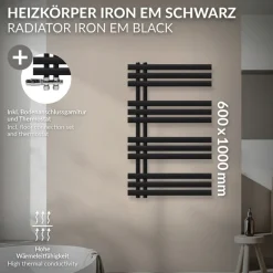 Badheizkörper Mittelanschluss 600x1000 mm Schwarz matt mit Boden Thermostatventil LuxeBath