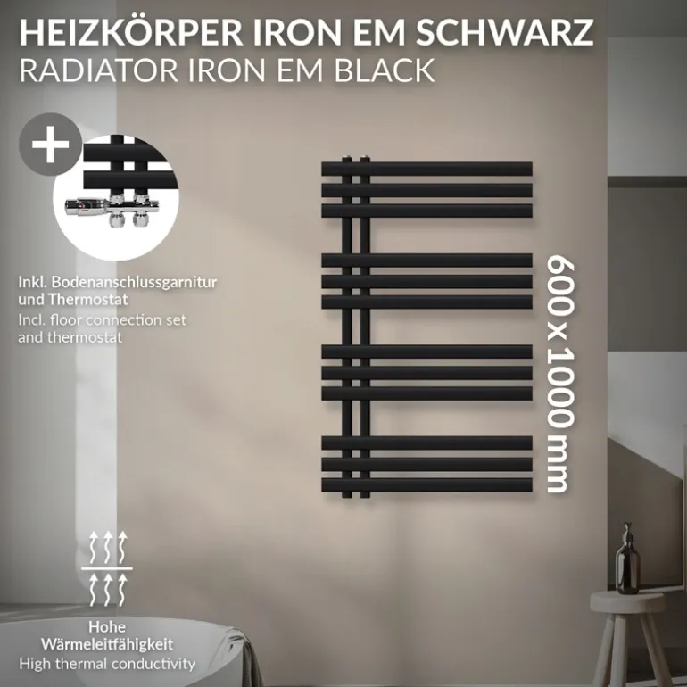 Badheizkörper Mittelanschluss 600x1000 mm Schwarz matt mit Boden Thermostatventil LuxeBath