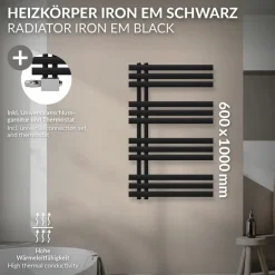 Badheizkörper Mittelanschluss 600x1000 mm Schwarz matt mit Universal Thermostatventil LuxeBath