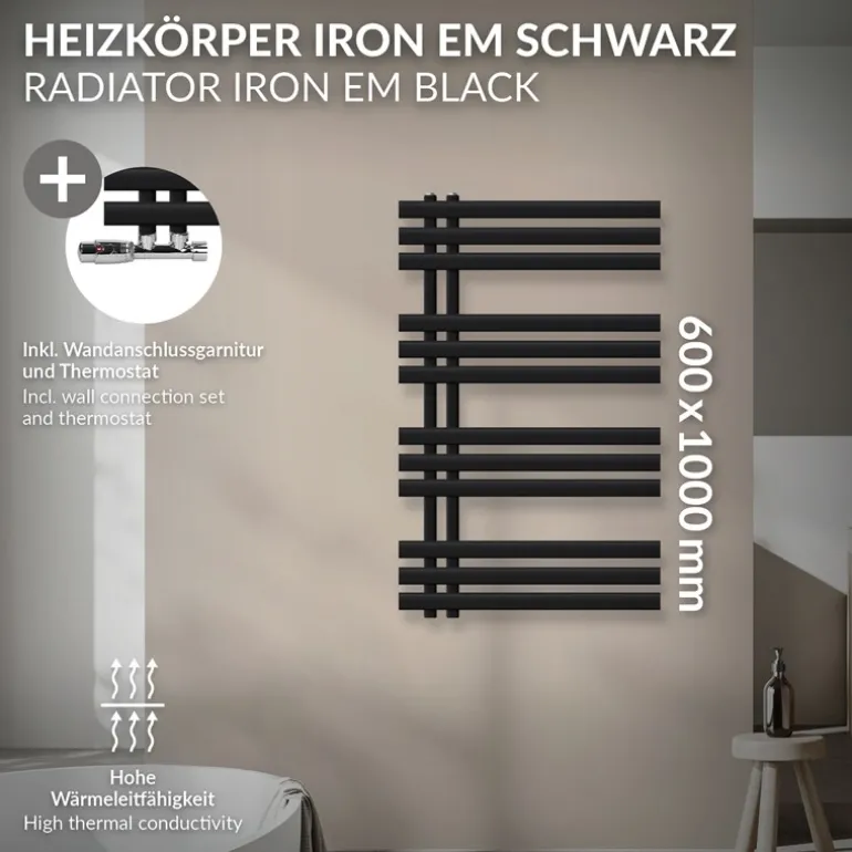 Badheizkörper Mittelanschluss 600x1000 mm Schwarz matt mit Wand Thermostatventil LuxeBath