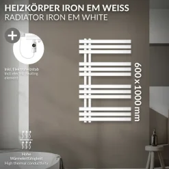 Badheizkörper Mittelanschluss 600x1000 mm Weiß mit Heizstab 300W LuxeBath