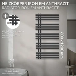Badheizkörper Mittelanschluss 600x1200 mm Anthrazit mit Boden Anschlussgarnitur LuxeBath