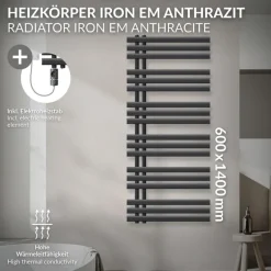 Badheizkörper Mittelanschluss 600x1400 mm Anthrazit mit Heizstab 1200W LuxeBath
