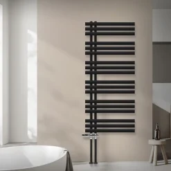 Badheizkörper Mittelanschluss 600x1400 mm Schwarz matt mit Boden Thermostatventil LuxeBath