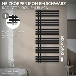 Badheizkörper Mittelanschluss 600x1400 mm Schwarz matt mit Boden Thermostatventil LuxeBath