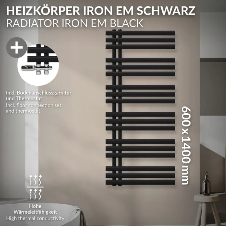 Badheizkörper Mittelanschluss 600x1400 mm Schwarz matt mit Boden Thermostatventil LuxeBath