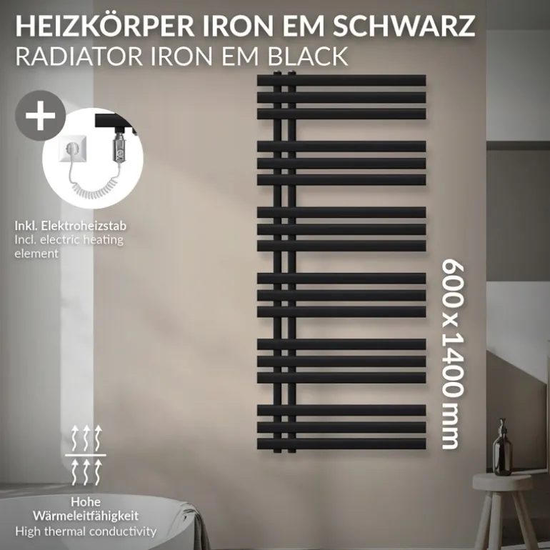 Badheizkörper Mittelanschluss 600x1400 mm Schwarz matt mit Heizstab 1200W LuxeBath