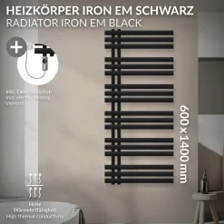 Badheizkörper Mittelanschluss 600x1400 mm Schwarz matt mit Heizstab 1200W LuxeBath