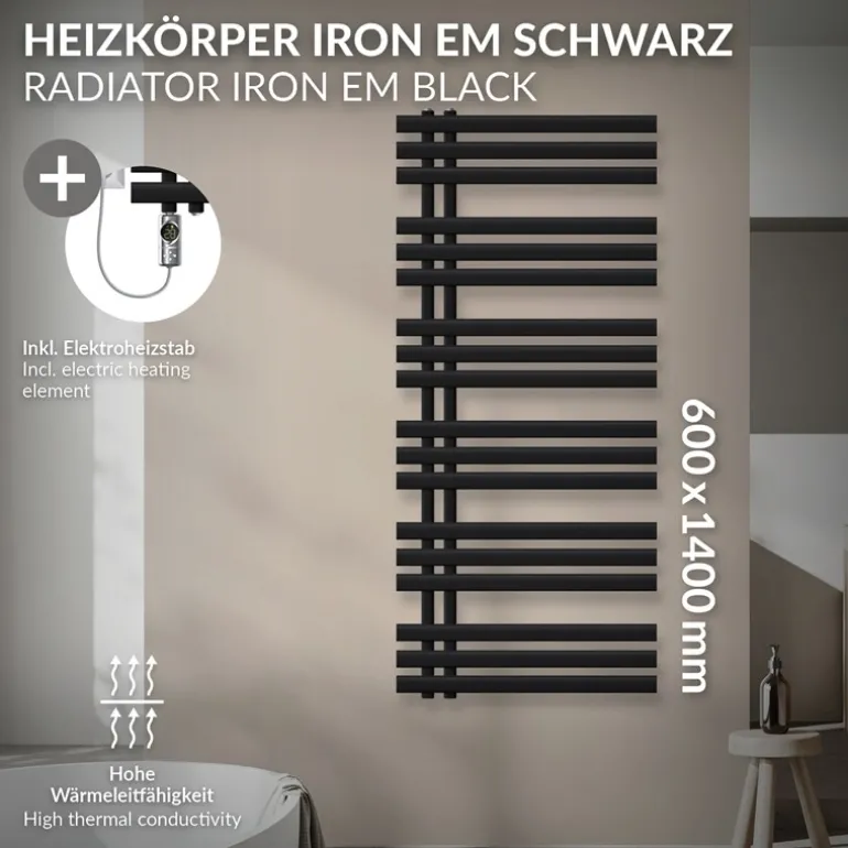 Badheizkörper Mittelanschluss 600x1400 mm Schwarz matt mit Heizstab 1200W LuxeBath