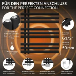 Badheizkörper Mittelanschluss 600x1400 mm Schwarz matt mit Heizstab 1200W LuxeBath