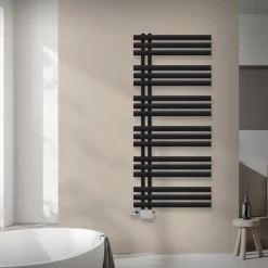 Badheizkörper Mittelanschluss 600x1400 mm Schwarz matt mit Universal Thermostatventil LuxeBath