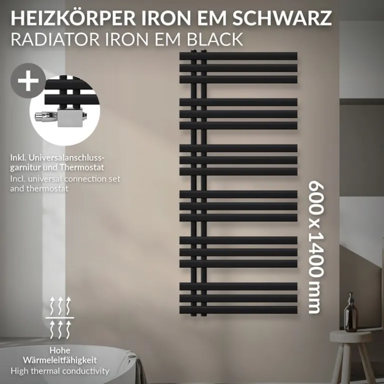 Badheizkörper Mittelanschluss 600x1400 mm Schwarz matt mit Universal Thermostatventil LuxeBath