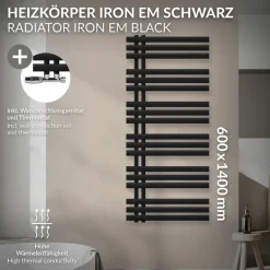 Badheizkörper Mittelanschluss 600x1400 mm Schwarz matt mit Wand Thermostatventil LuxeBath