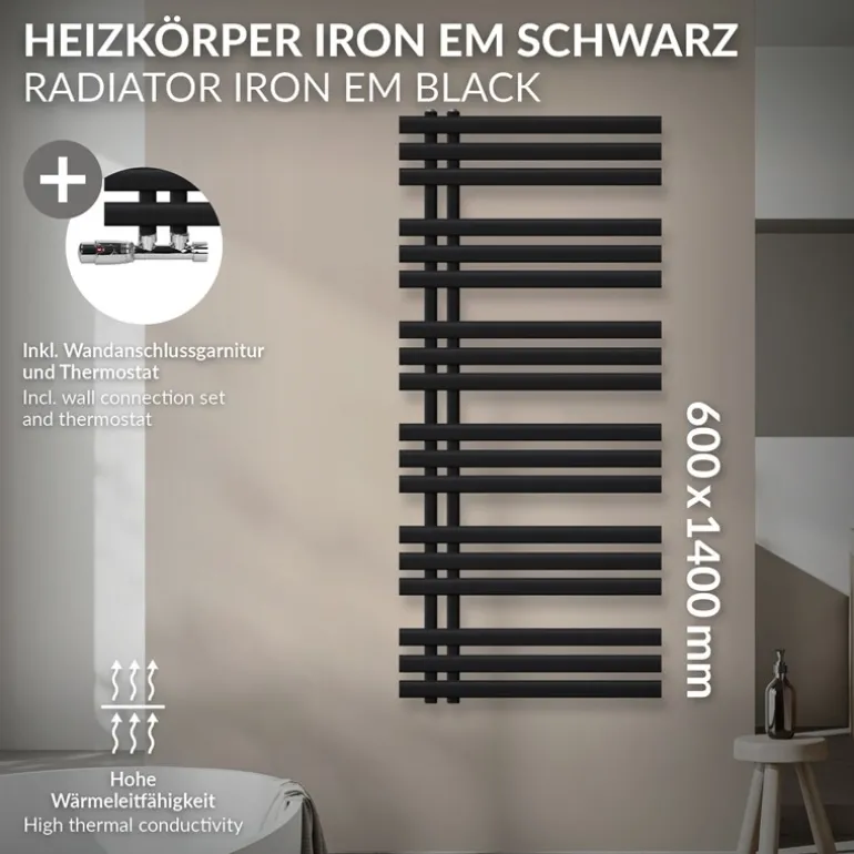 Badheizkörper Mittelanschluss 600x1400 mm Schwarz matt mit Wand Thermostatventil LuxeBath
