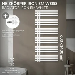 Badheizkörper Mittelanschluss 600x1400 mm Weiß mit Boden Anschlussgarnitur LuxeBath
