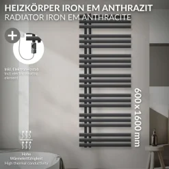 Badheizkörper Mittelanschluss 600x1600 mm Anthrazit mit Heizstab 1200W LuxeBath