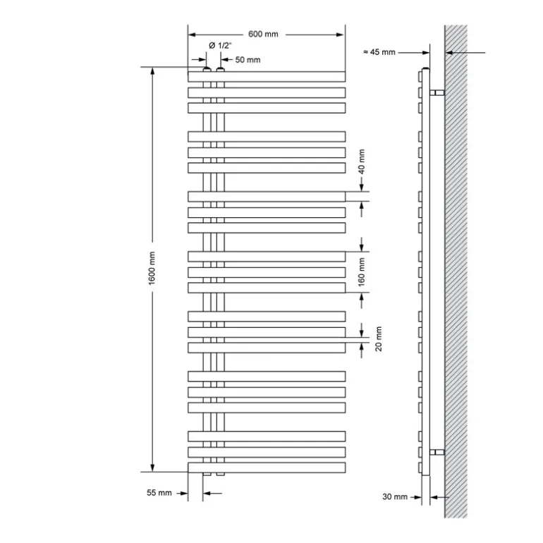 Badheizkörper Mittelanschluss 600x1600 mm Anthrazit mit Heizstab 1200W LuxeBath