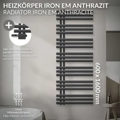 Badheizkörper Mittelanschluss 600x1600 mm Anthrazit mit Universal Anschlussgarnitur LuxeBath