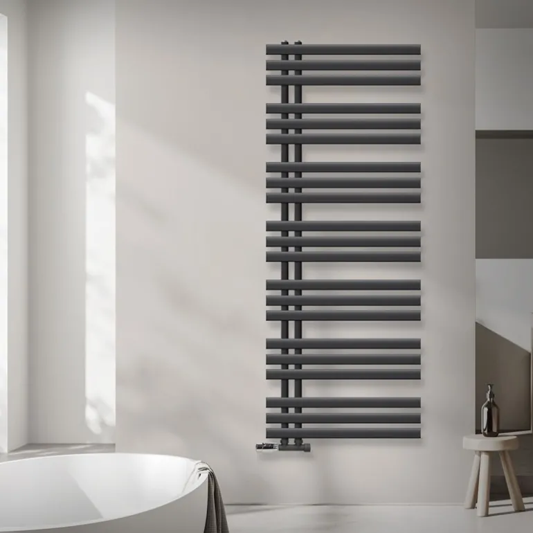 Badheizkörper Mittelanschluss 600x1600 mm Anthrazit mit Wand Anschlussgarnitur LuxeBath